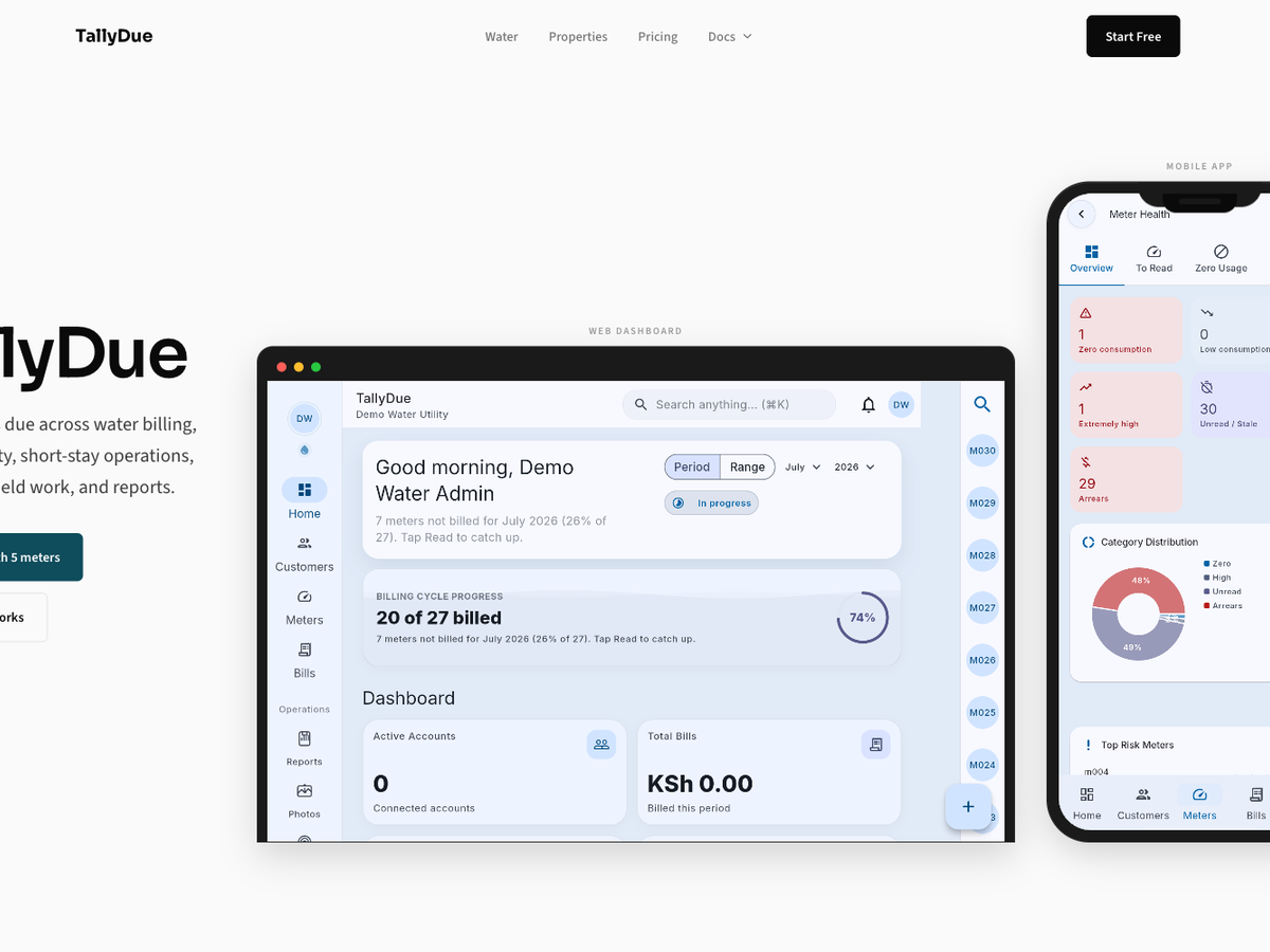 TallyDue billing dashboard showing billing cycle progress and meter health