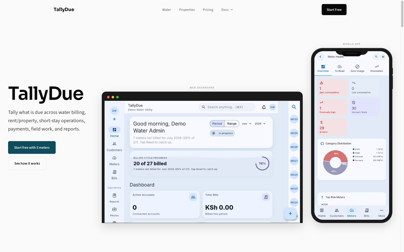 TallyDue web dashboard and mobile meter health view